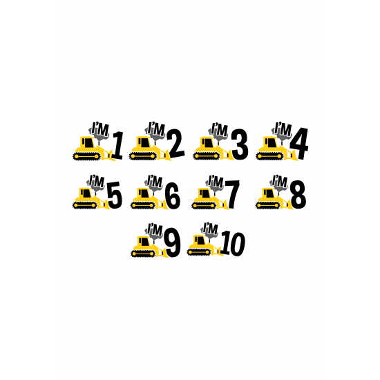 Set 2 Stickere Aniversare Copii –  Utilaje Constructii, Buldozer si Macara, I'm 1-10