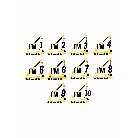 Set 2 Stickere Aniversare Copii –  Utilaje Constructii, Buldozer si Macara, I'm 1-10